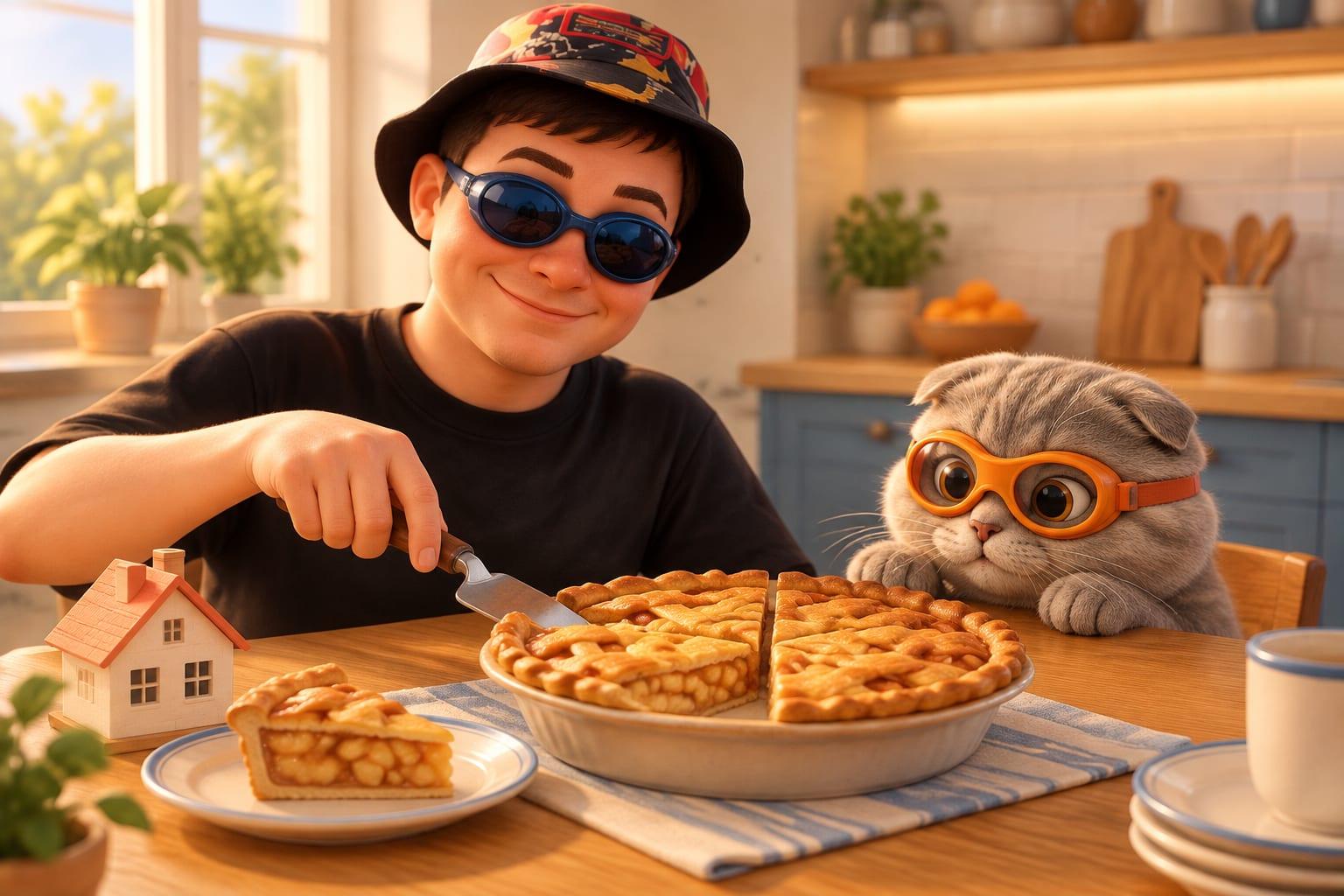 A cartoon character in blue goggles slices a homemade pie at a kitchen table where one large slice already sits beside a small house model, while a cat in orange goggles eyes the two thin slices left