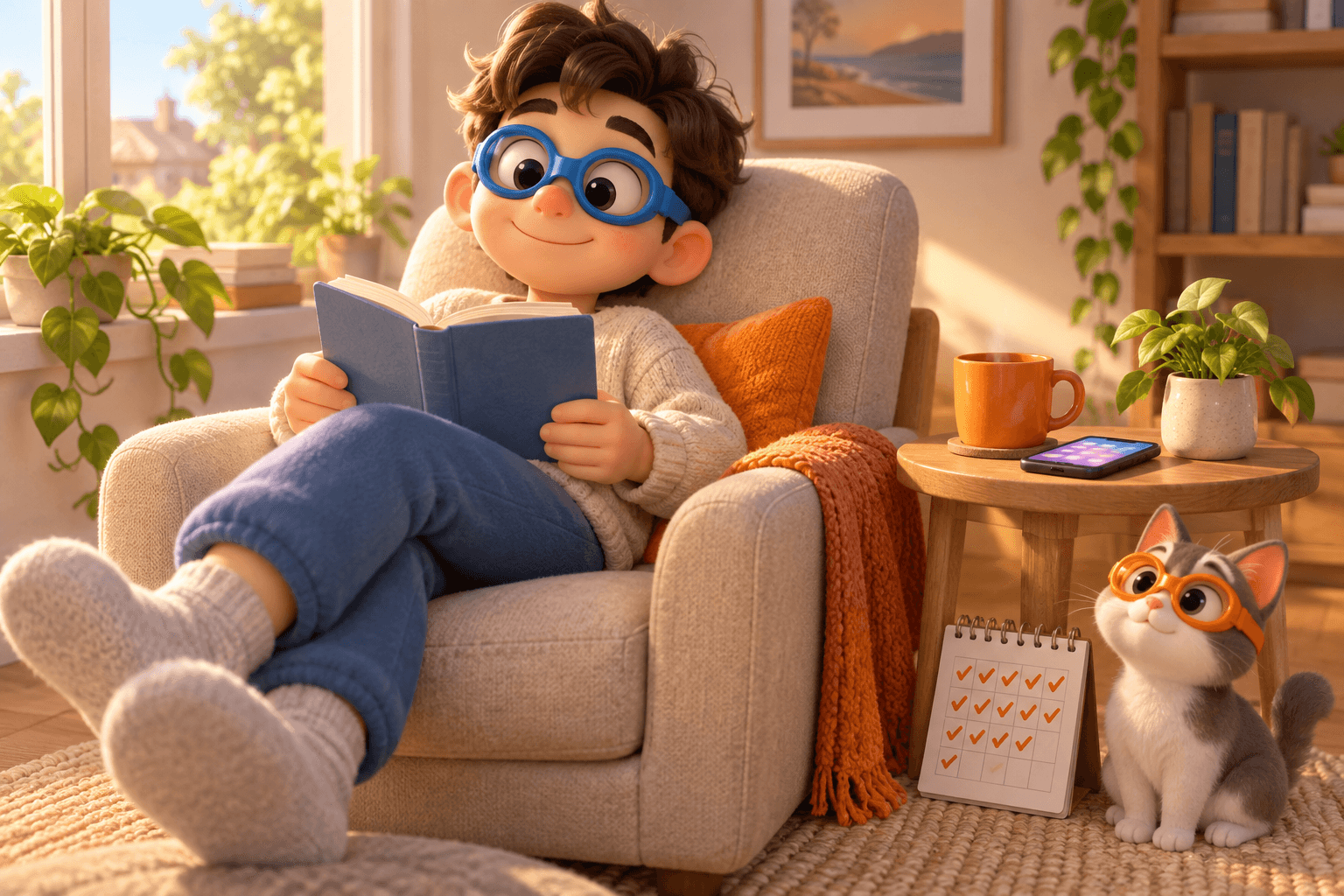 A cartoon character in blue goggles relaxes in an armchair reading while a phone on the side table tracks spending on its own, with a cat in orange goggles beside a checked-off calendar.