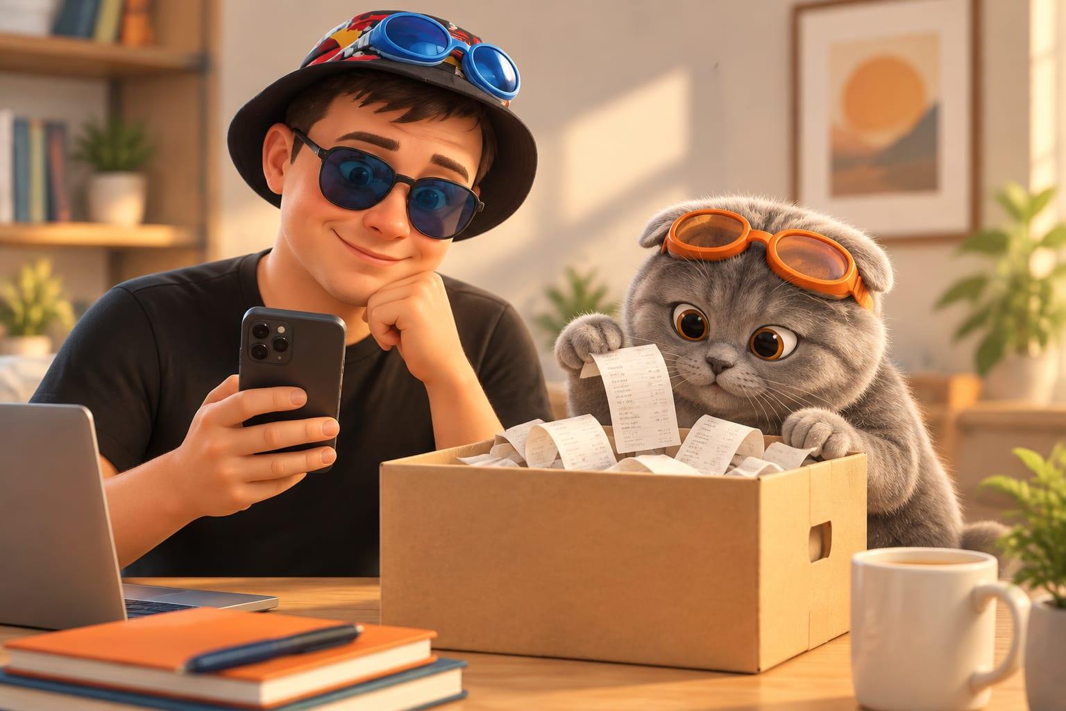A cartoon character in blue goggles holds a phone at a desk beside a moving box of receipts, while a cat in orange goggles looks inside, illustrating switching budgeting apps