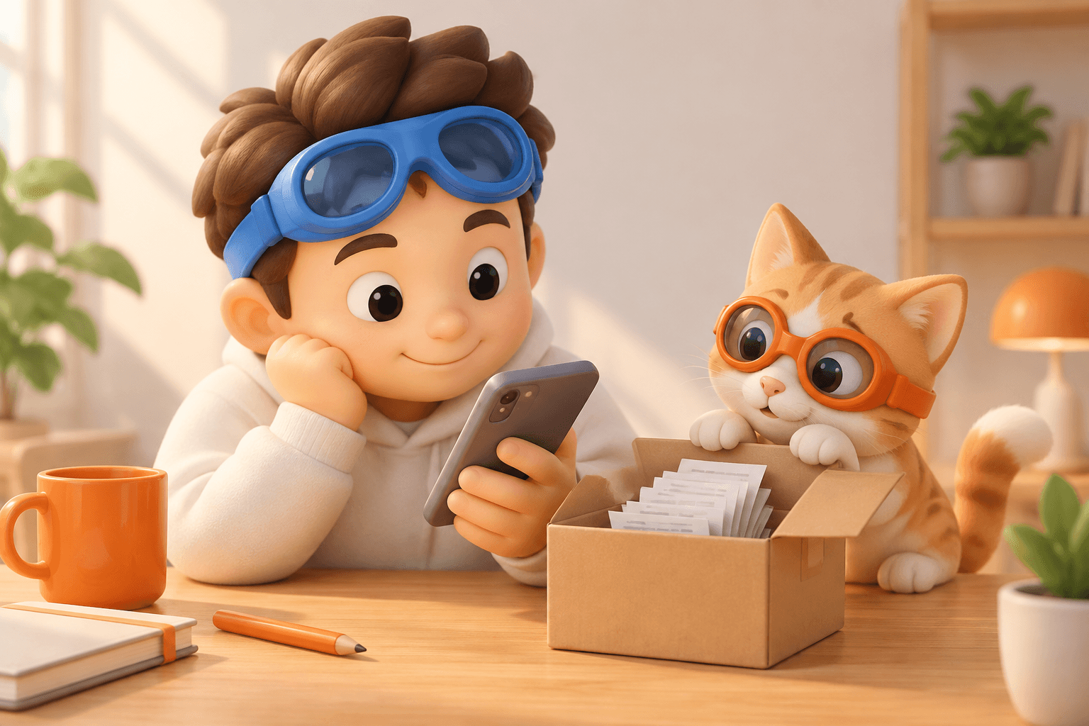 A cartoon character in blue goggles holds a phone at a desk beside a moving box of receipts, while a cat in orange goggles looks inside, illustrating switching budgeting apps