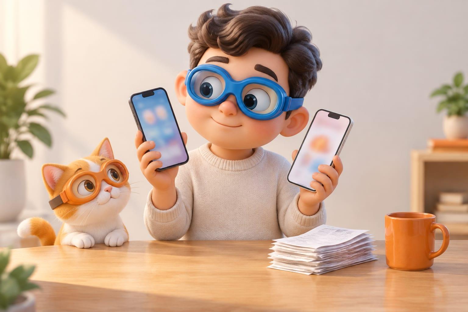 A cartoon character in blue goggles compares two smartphones at a desk while a small cat in orange goggles watches, illustrating choosing between budgeting apps