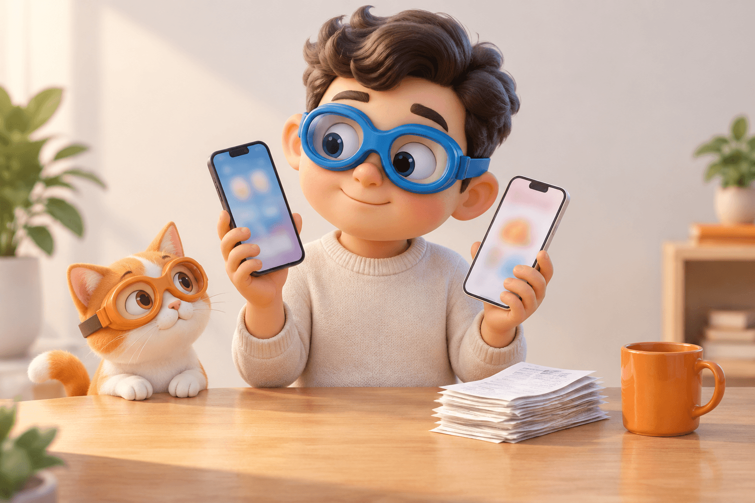 A cartoon character in blue goggles compares two smartphones at a desk while a small cat in orange goggles watches, illustrating choosing between budgeting apps