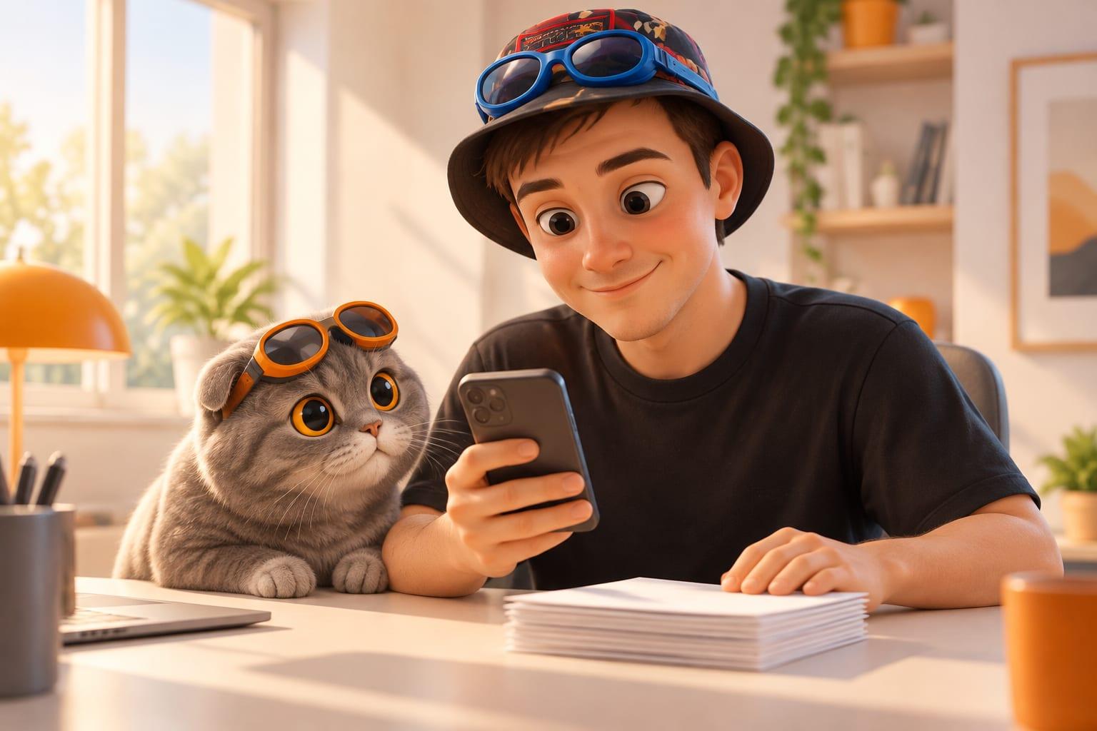 Klim compares a phone with an abstract budgeting screen beside a neat stack of blank transaction papers on a warm, sunlit desk.
