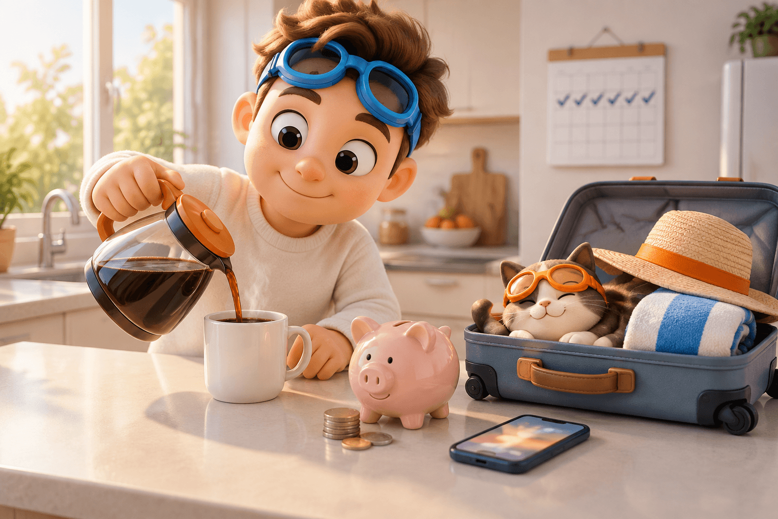 A cartoon character in blue goggles pours morning coffee at a sunny kitchen counter beside a piggy bank and an open suitcase, where a small cat in orange goggles is curled up.