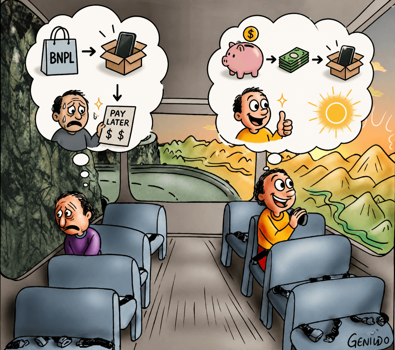 Cartoon of two bus passengers: one dreads a BNPL pay-later bill, the other saved up first and enjoys the ride
