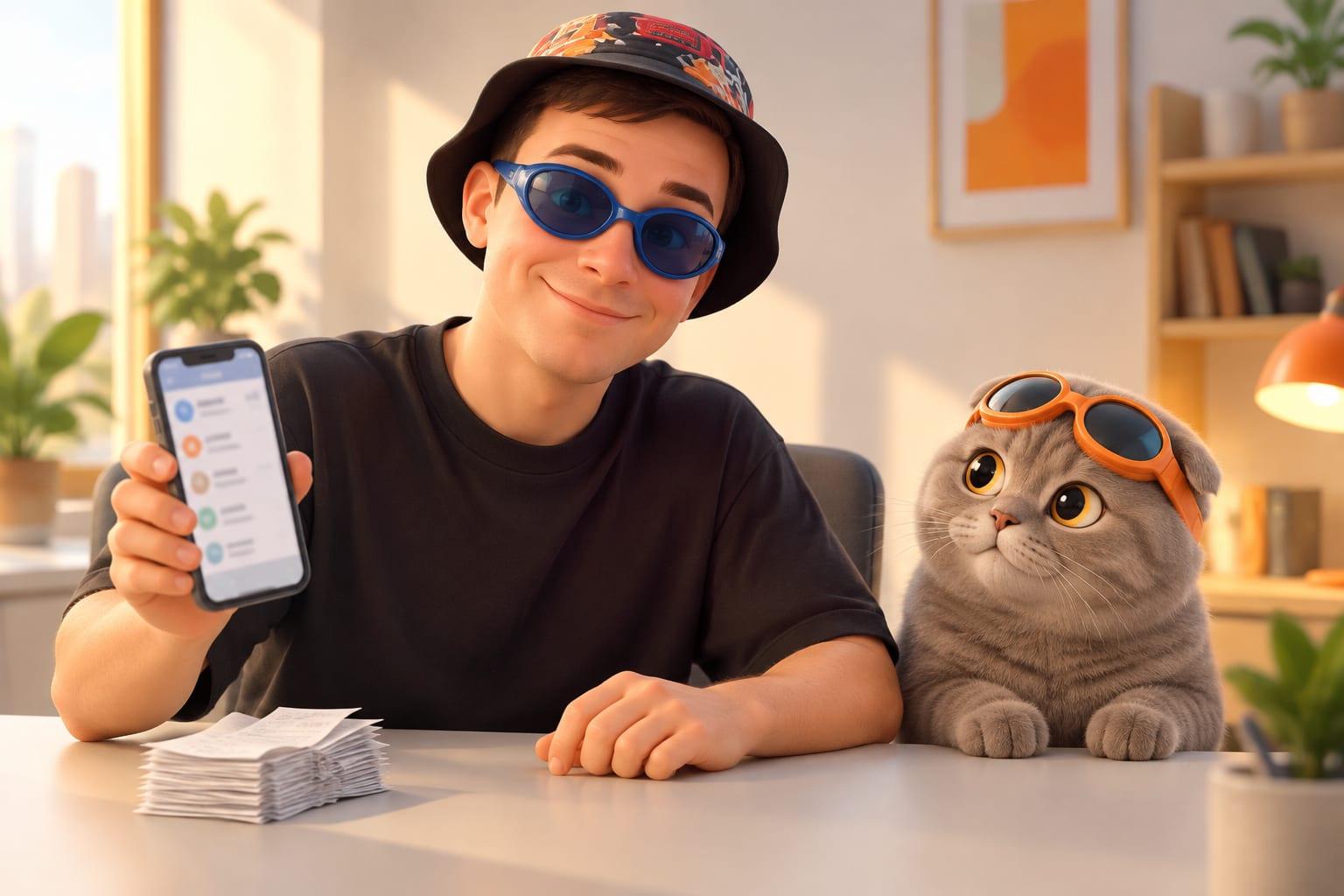 A stylized man in blue goggles comparing a phone with transaction notices to a neat stack of receipts on a warm desk.