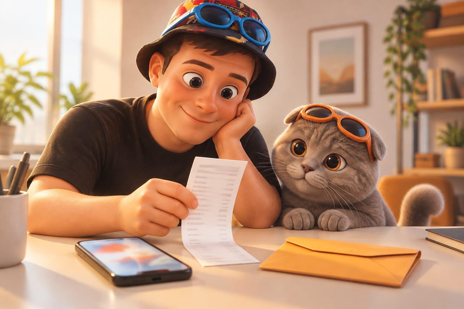 A softly lit 3D-rendered phone beside a neat receipt and orange envelope, illustrating expense tracking without a bank connection.
