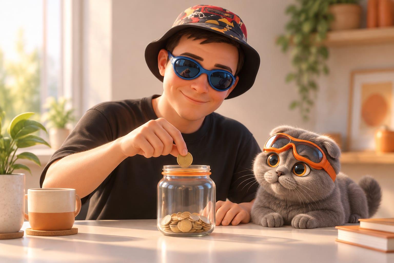 Klim in blue goggles placing a coin into a small savings jar on a warm, uncluttered desk.