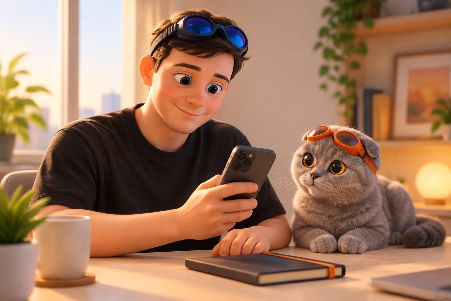 Klim checks a phone beside a small budget notebook while Eva sits calmly on the desk