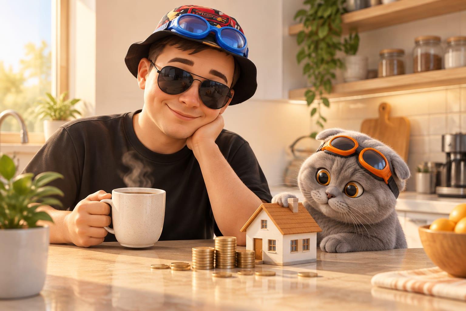 A cartoon character in blue goggles holds a morning coffee at a kitchen counter beside a small toy house and a stack of coins, while a cat in orange goggles watches.