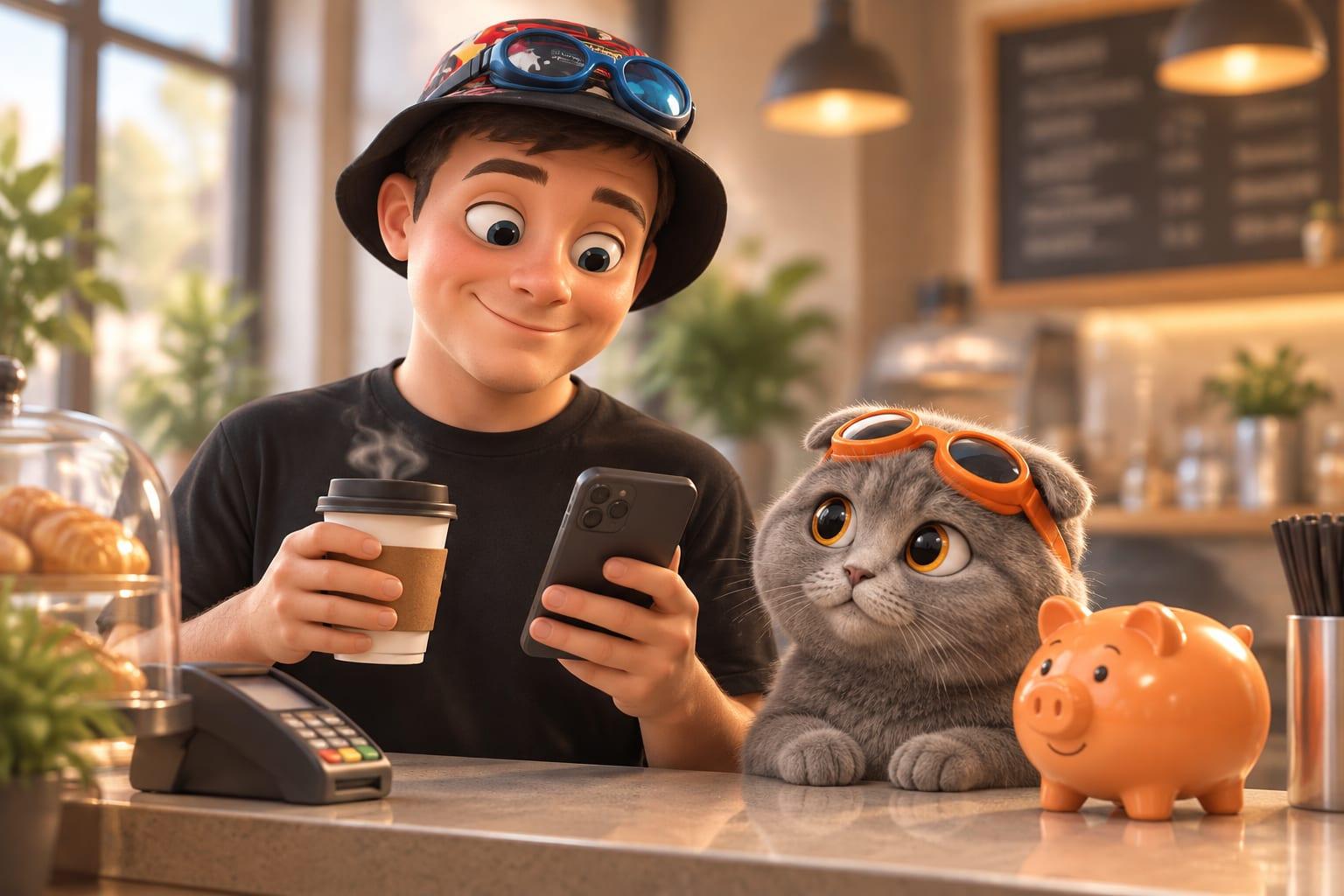 A cartoon character in blue goggles holds a morning coffee at a cafe counter and glances at a phone, next to a cat in orange goggles and an orange piggy bank