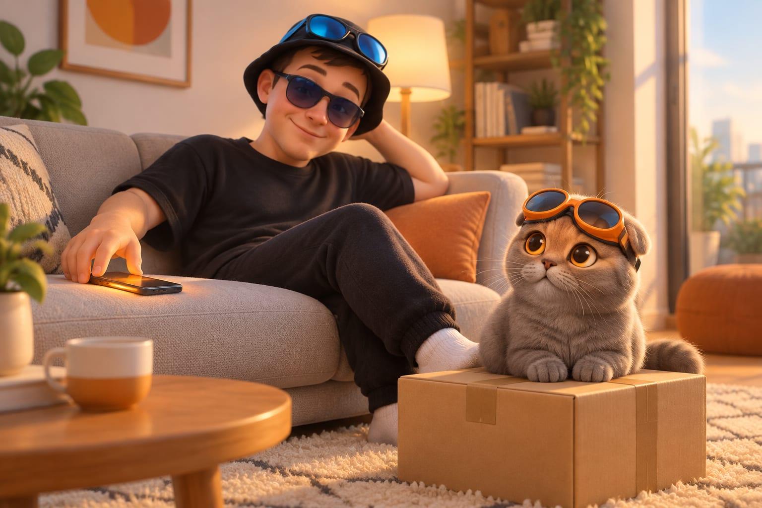 A cartoon character in blue goggles relaxes on a sofa and sets a glowing phone face-down on the cushion, while a cat in orange goggles sits on top of a closed delivery parcel on the rug
