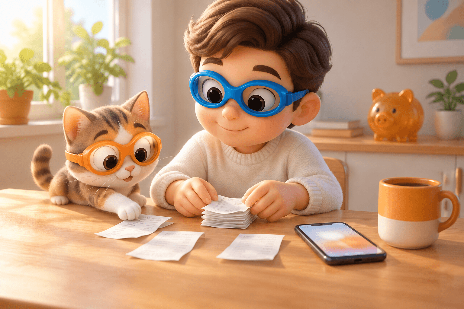 A cartoon character in blue goggles stacks four small receipts into one neat pile at a kitchen table while a cat in orange goggles nudges the last receipt over, next to a phone and a coffee mug.
