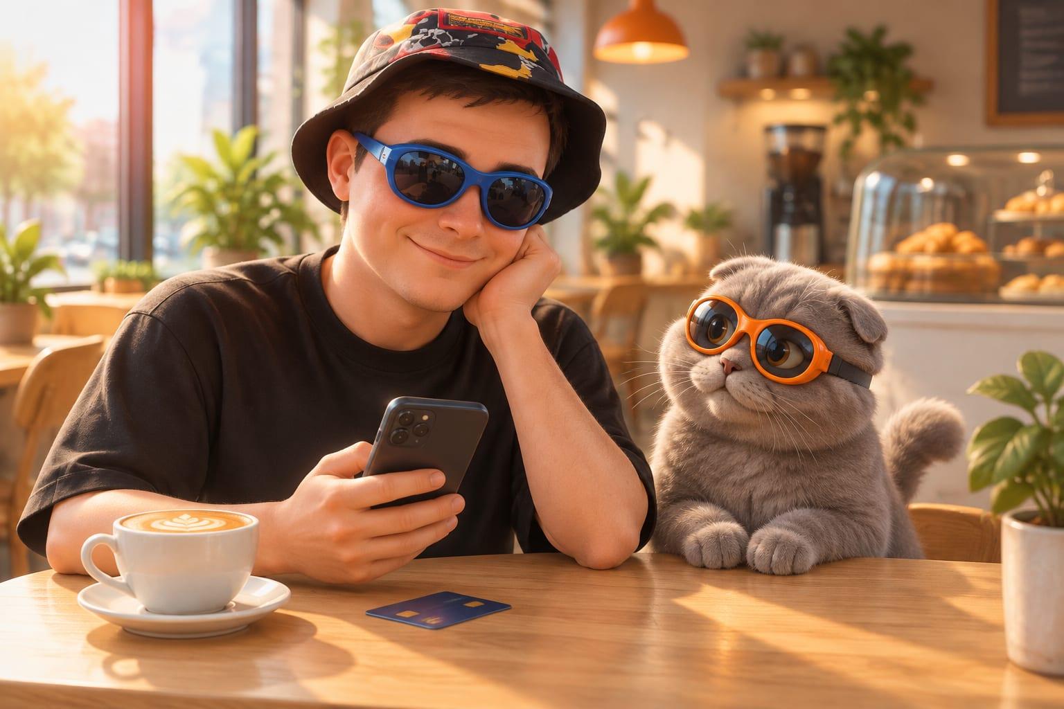 Klim in blue goggles pausing beside a coffee, phone, and payment card at a cafe table.