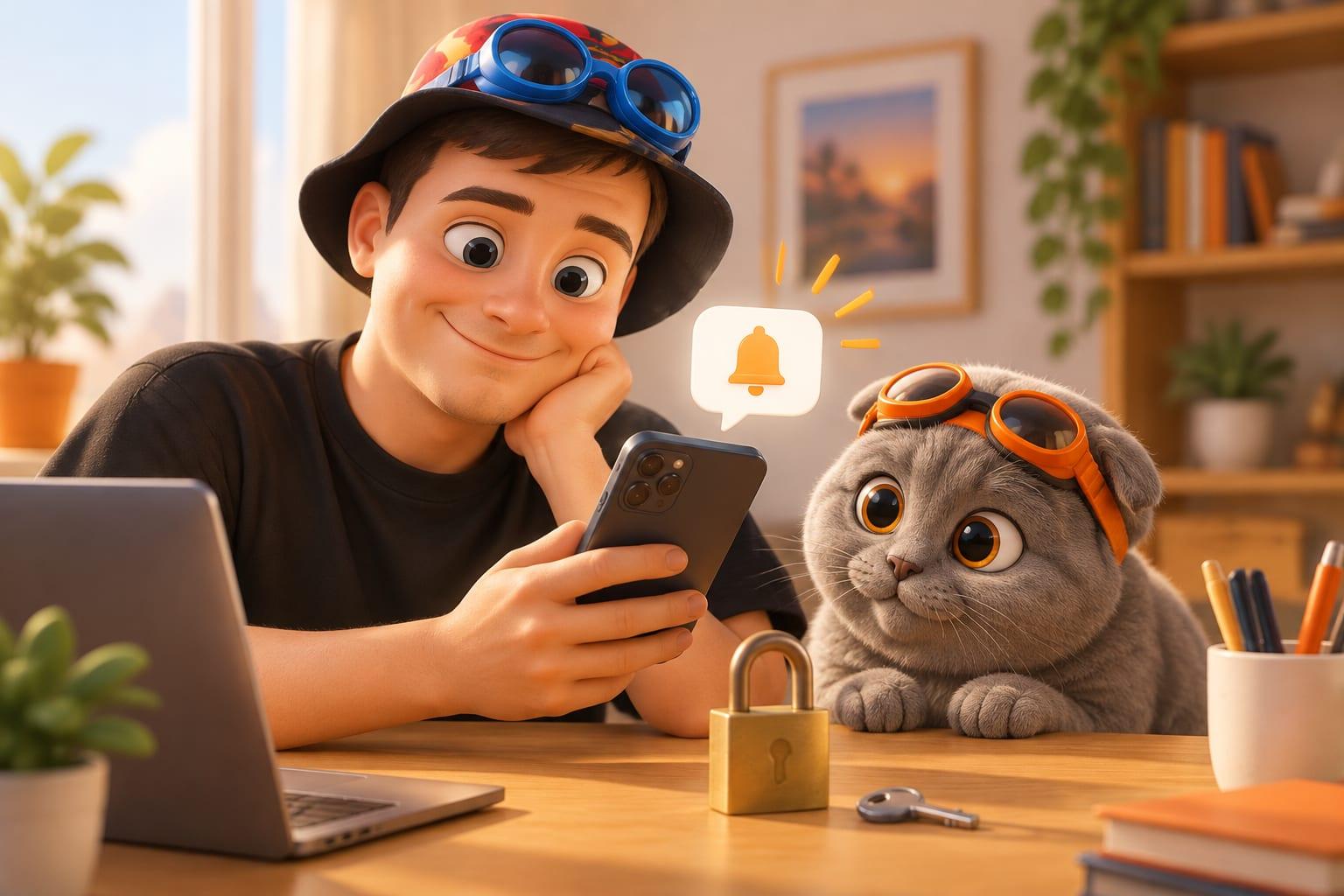 A cartoon character in blue goggles checks a phone at a desk beside a padlock and an unused key, while a cat in orange goggles watches a notification appear