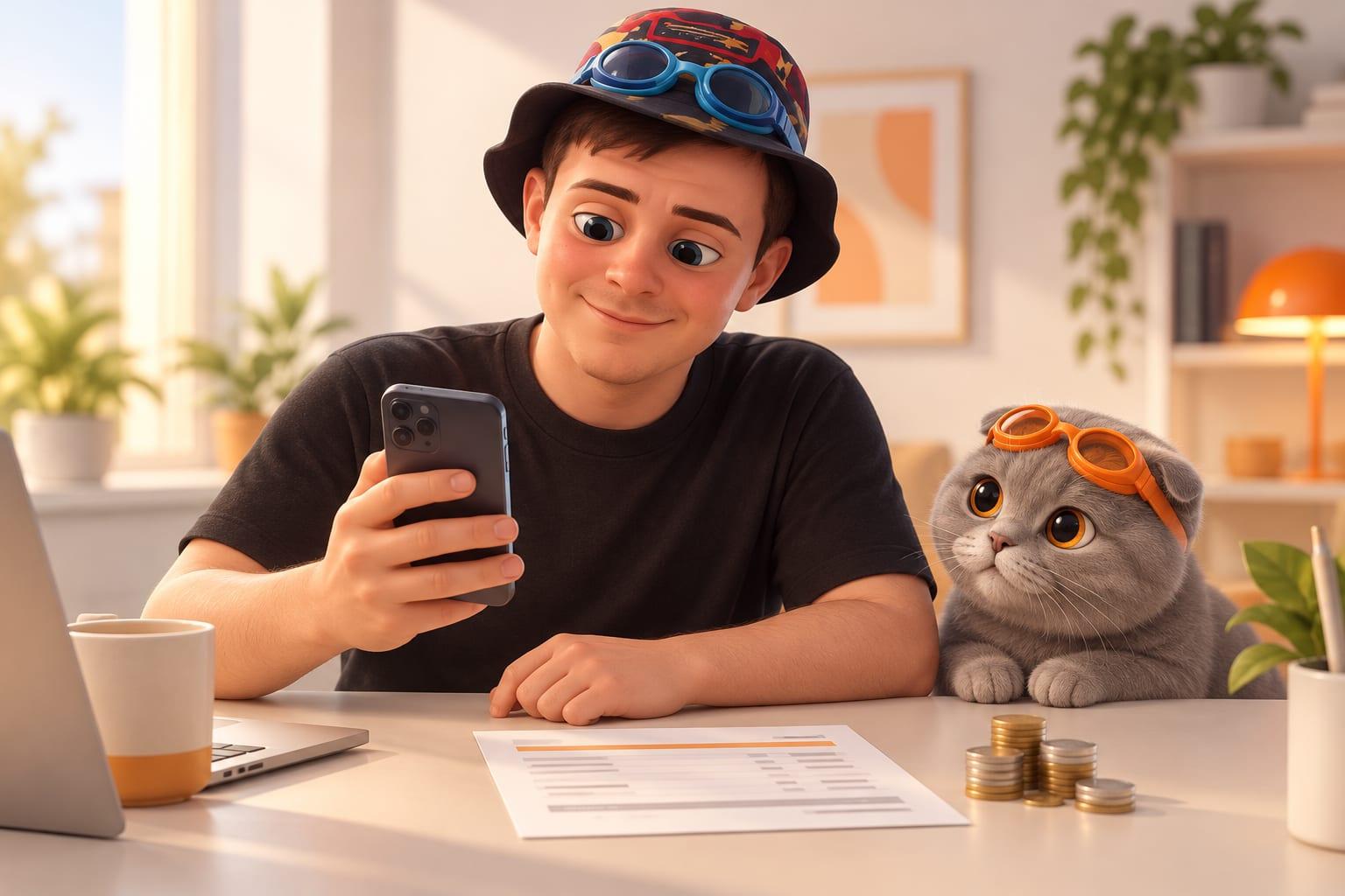 Klim compares a phone with an abstract screen beside a bank statement and coins on a tidy desk.