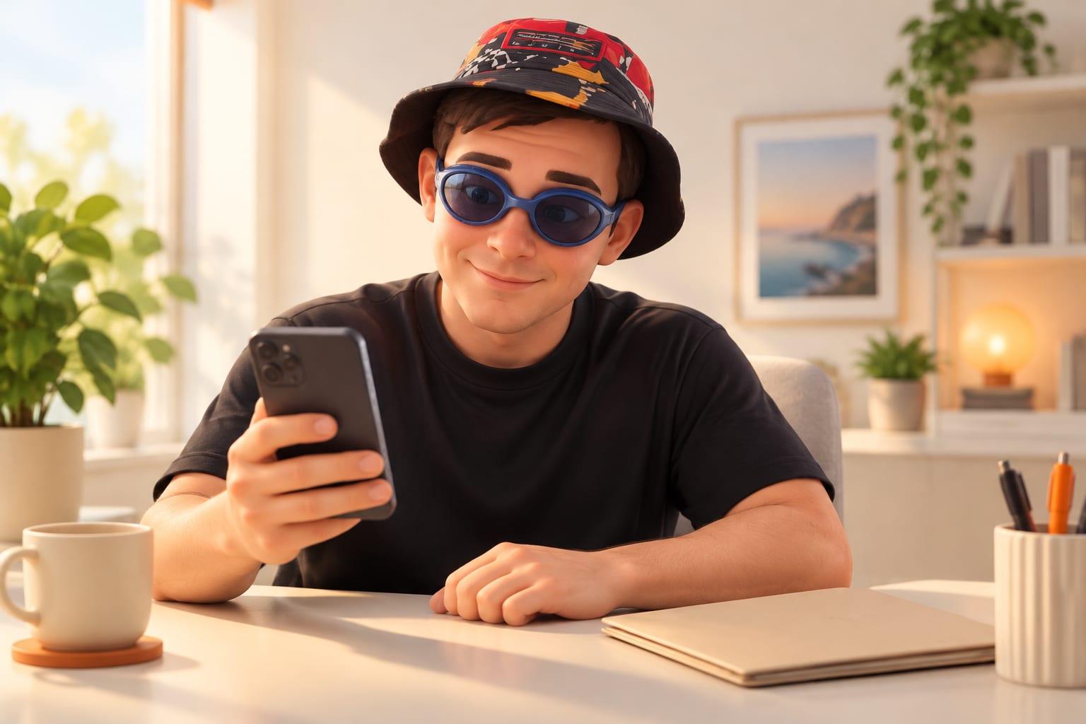 A stylized 3D scene of Klim reviewing a phone and a folder at a desk before switching budgeting apps.