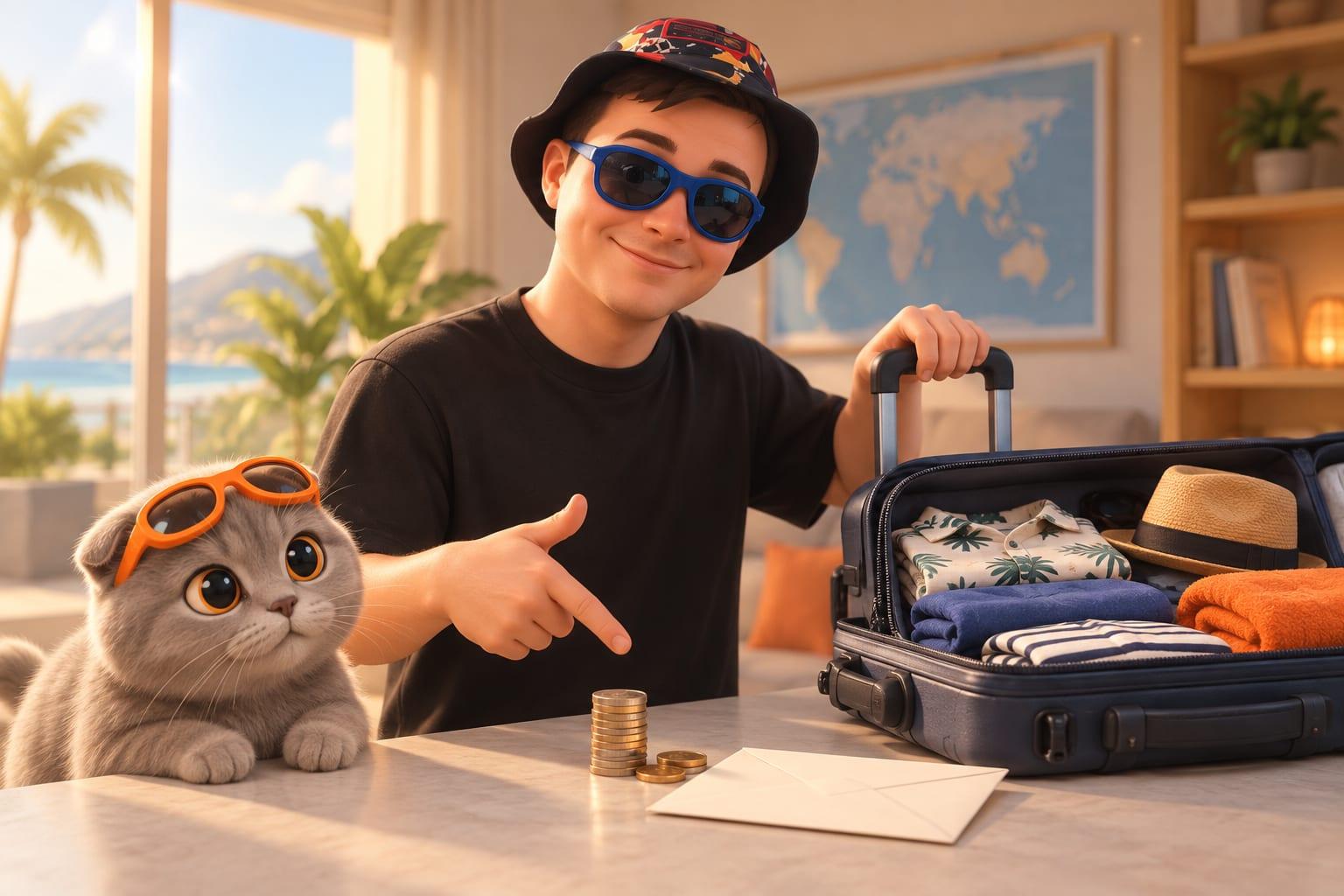 Klim beside a small suitcase and neatly stacked coins, planning a 20-day Thailand vacation budget.