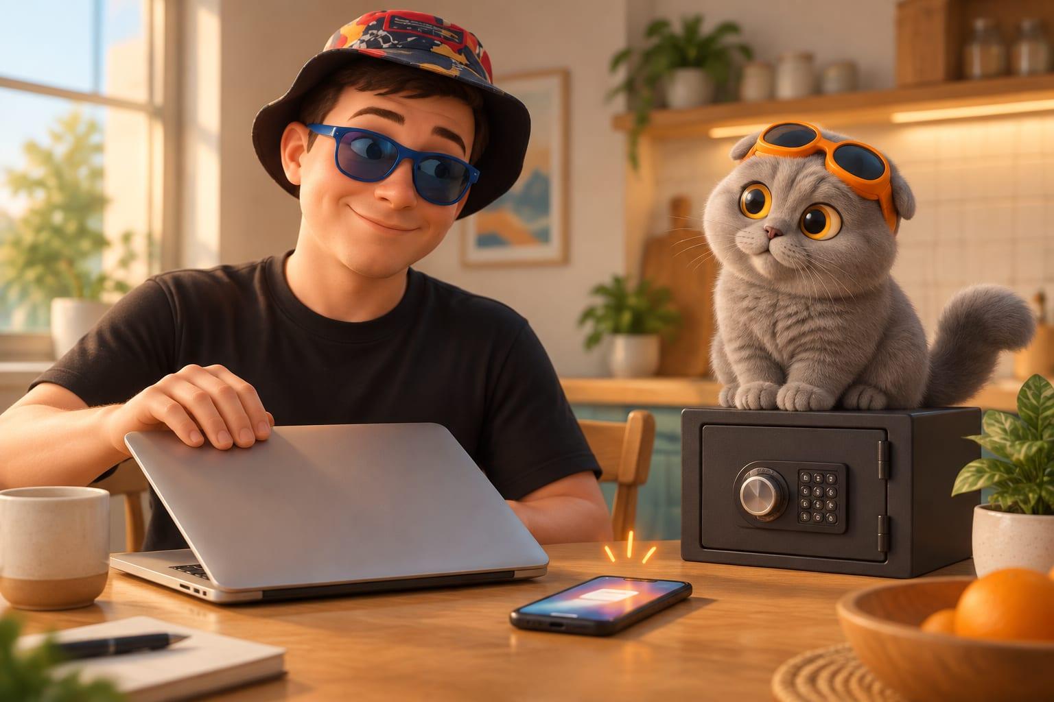 A cartoon character in blue goggles closes a laptop at a kitchen table while the phone beside it lights up with a soft notification, and a cat in orange goggles sits on a small locked safe