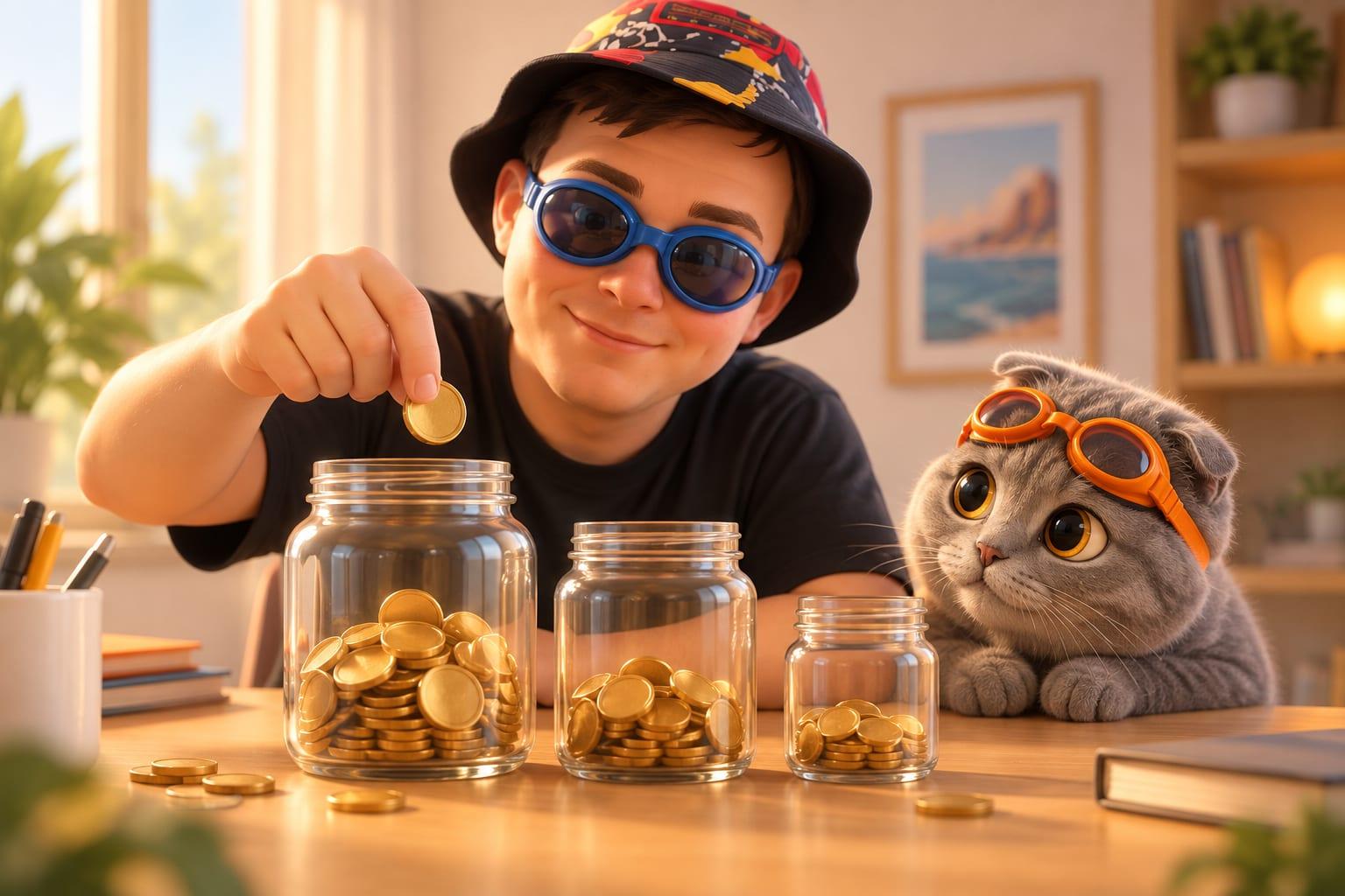 A cartoon character in blue goggles drops coins into three glass jars of different sizes on a desk while a small cat in orange goggles watches.
