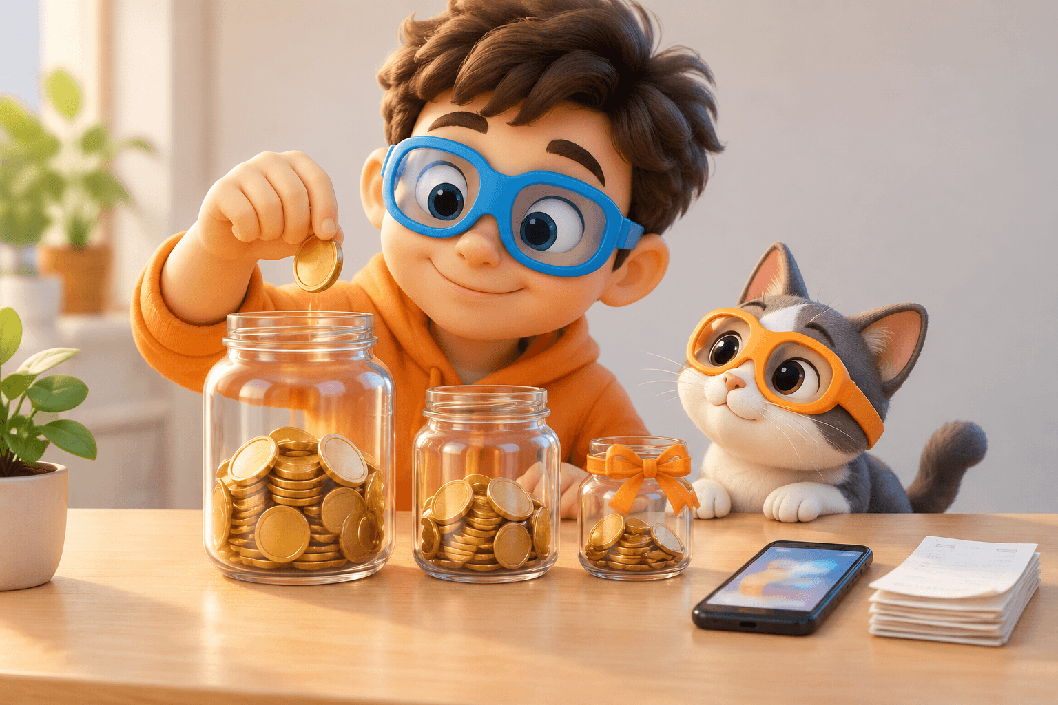 A cartoon character in blue goggles drops coins into three glass jars of different sizes on a desk while a small cat in orange goggles watches.