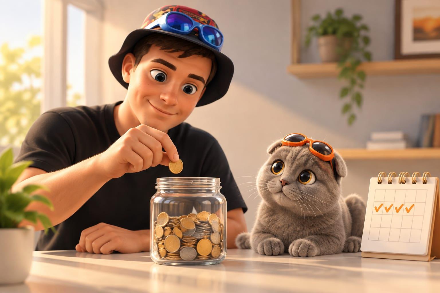 Klim places a coin in a savings jar beside an unmarked calendar while Eva watches.