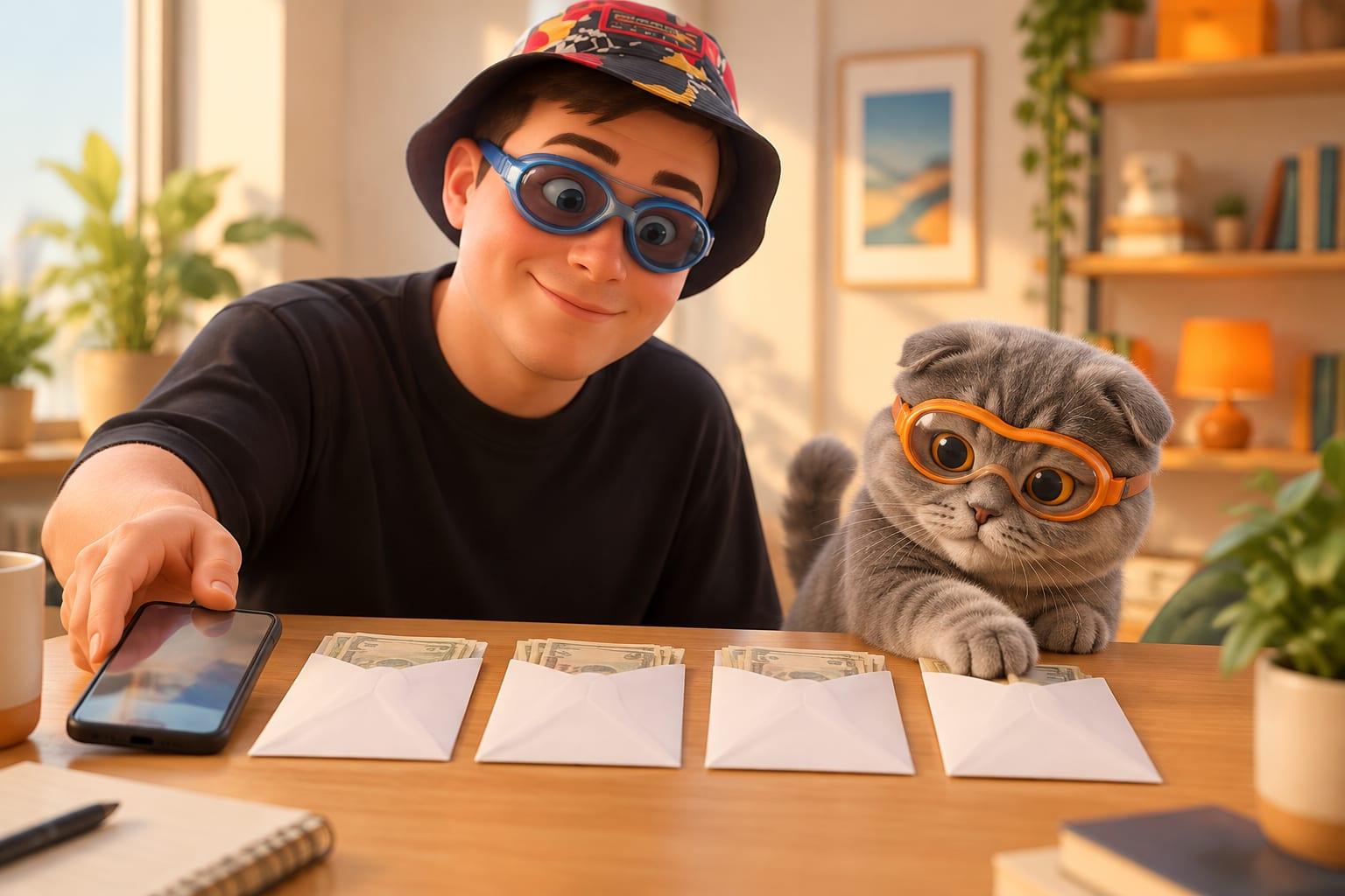 A cartoon character in blue goggles sets a phone down next to a row of paper cash envelopes on a desk, while a cat in orange goggles paws at the envelope on the end