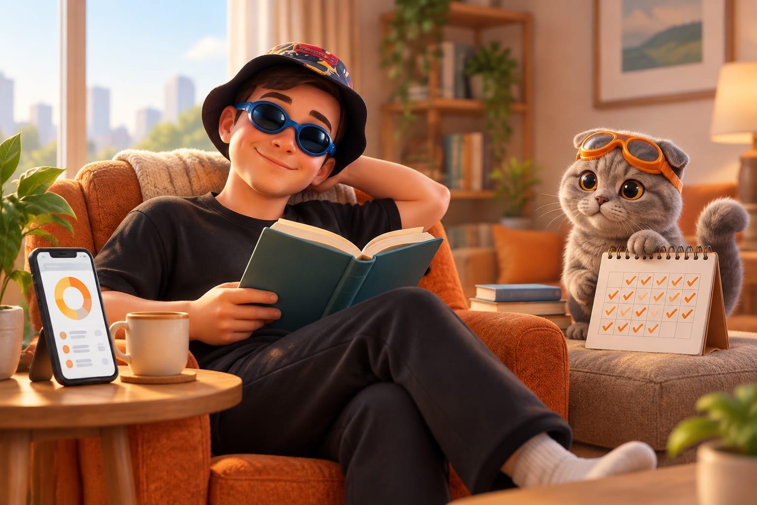 A cartoon character in blue goggles relaxes in an armchair reading while a phone on the side table tracks spending on its own, with a cat in orange goggles beside a checked-off calendar.