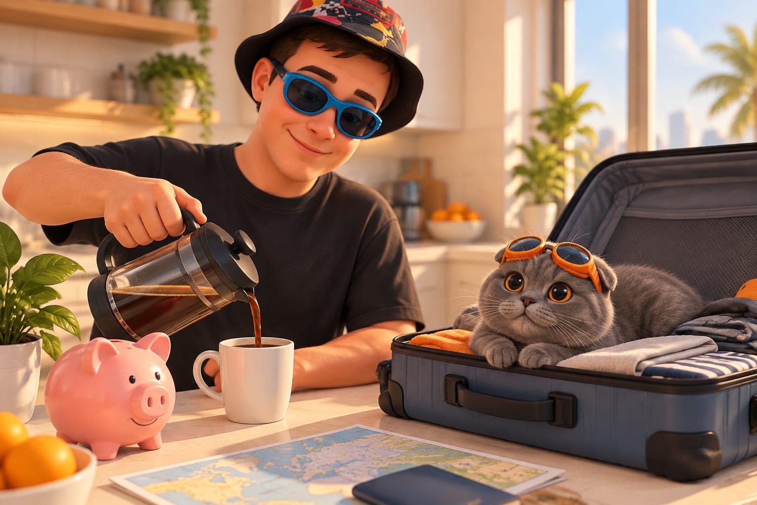 A cartoon character in blue goggles pours morning coffee at a sunny kitchen counter beside a piggy bank and an open suitcase, where a small cat in orange goggles is curled up.
