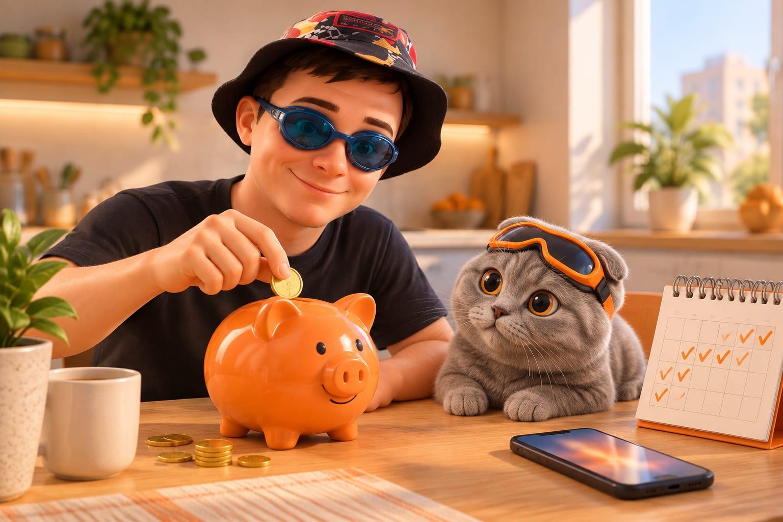 A cartoon character in blue goggles drops coins into an orange piggy bank at a kitchen table, next to a phone, a check-marked calendar and a cat in orange goggles