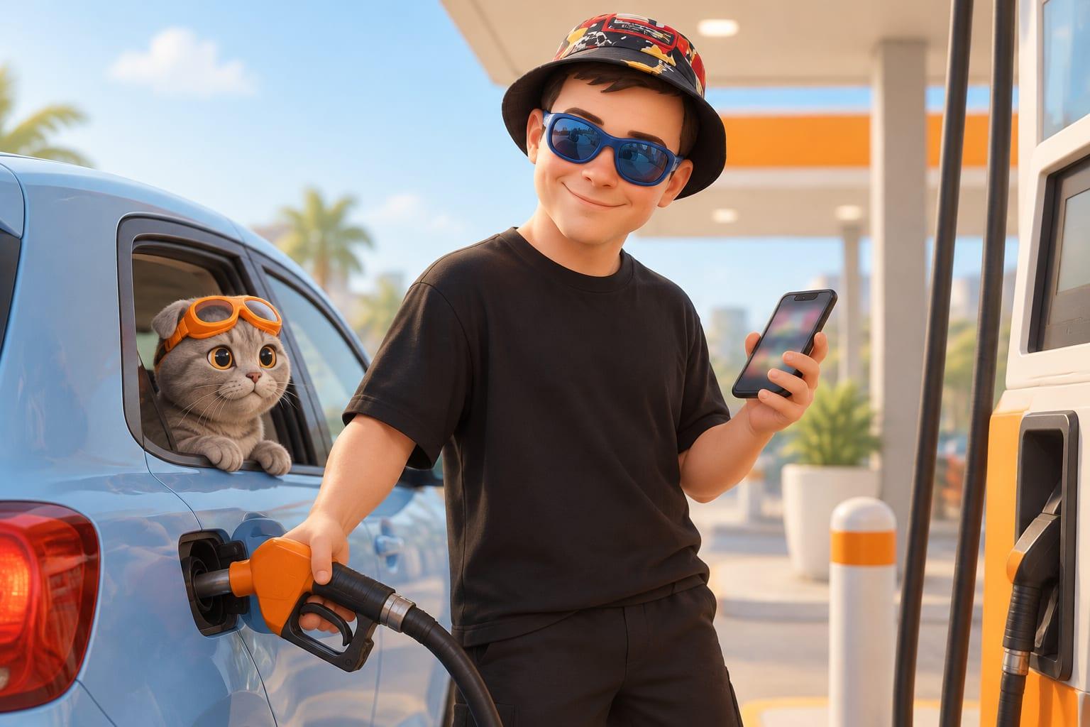 Klim refuels a compact car while checking an abstract, unreadable phone screen at a clean gas station.