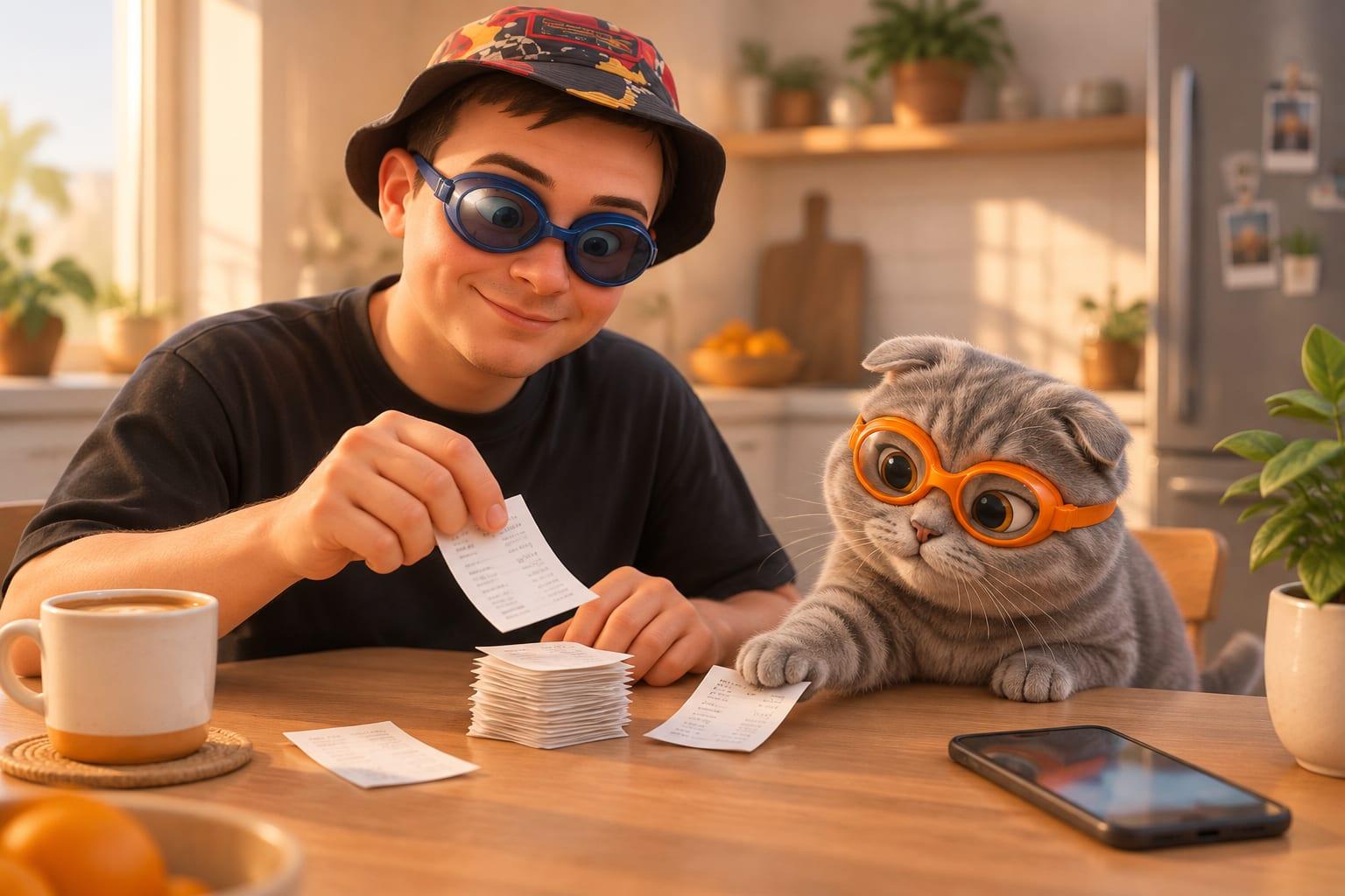 A cartoon character in blue goggles stacks four small receipts into one neat pile at a kitchen table while a cat in orange goggles nudges the last receipt over, next to a phone and a coffee mug.