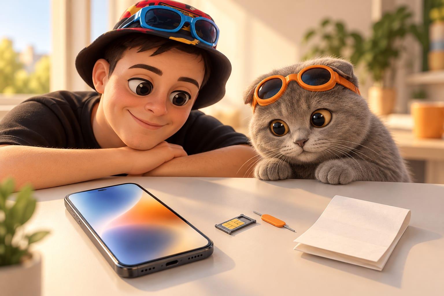 Stylized 3D phone and SIM tray on a bright desk, illustrating a wireless carrier switch